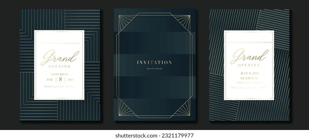 Luxury gala invitation card background vector. Golden elegant geometric shape, gradient gold lines on dark background. Premium design illustration for wedding and vip cover template, grand opening.