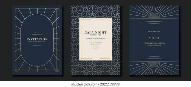 Luxury gala invitation card background vector. Golden elegant geometric pattern, gold line on dark blue background. Premium design illustration for wedding and vip cover template, grand opening.