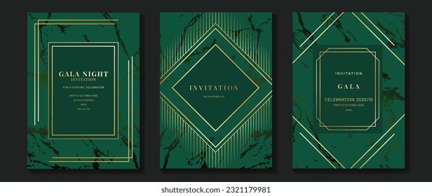 Vector de fondo de tarjeta de invitación de gala de lujo. Forma geométrica elegante dorada, patrón de mármol sobre fondo verde. Ilustración de diseño premium para la plantilla de portada de bodas y vip, gran abertura.