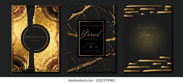 Luxury gala invitation card background vector. Golden elegant geometric shape, marble, gold foil on dark background. Premium design illustration for wedding and vip cover template, grand opening.