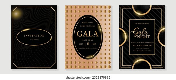 Vector de fondo de tarjeta de invitación de gala de lujo. Forma geométrica elegante dorada, línea ondulada sobre un fondo oscuro y naranja. Ilustración de diseño premium para la plantilla de portada de bodas y vip, gran abertura.