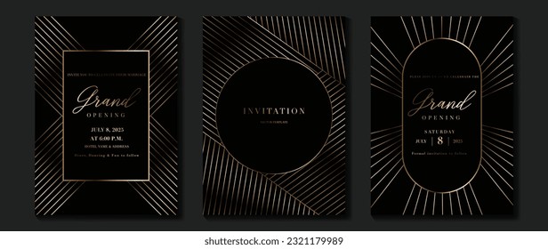 Vector de fondo de tarjeta de invitación de gala de lujo. Forma geométrica elegante dorada, líneas doradas degradadas sobre fondo oscuro. Ilustración de diseño premium para la plantilla de portada de bodas y vip, gran abertura.