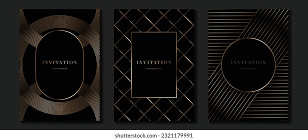 Luxury gala invitation card background vector. Golden elegant geometric shape, gradient gold lines on dark background. Premium design illustration for wedding and vip cover template, grand opening.