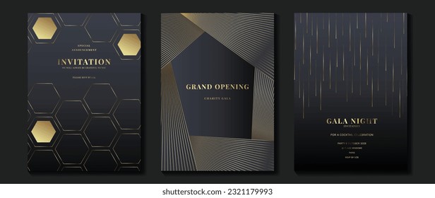 Luxury gala invitation card background vector. Golden elegant geometric shape, gradient gold lines on dark background. Premium design illustration for wedding and vip cover template, grand opening.