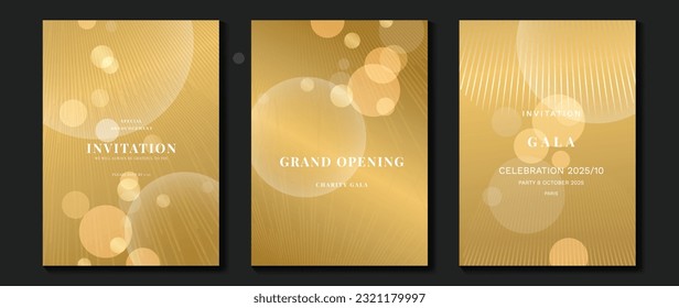 Luxury gala invitation card background vector. Golden elegant geometric shape, gold light effect on gold background. Premium design illustration for wedding and vip cover template, grand opening.