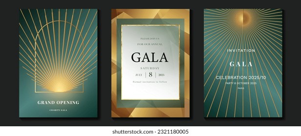 Luxury gala invitation card background vector. Golden elegant geometric shape, gold line on green and gold background. Premium design illustration for wedding and vip cover template, grand opening.