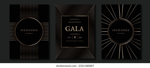 Luxury gala invitation card background vector. Golden elegant geometric shape, gradient gold lines on dark background. Premium design illustration for wedding and vip cover template, grand opening.