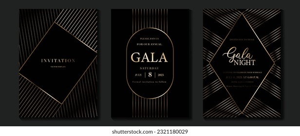 Luxury gala invitation card background vector. Golden elegant geometric shape, gradient gold lines on dark background. Premium design illustration for wedding and vip cover template, grand opening.