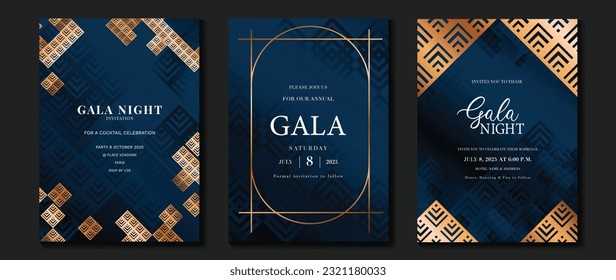 Luxury gala invitation card background vector. Golden elegant geometric pattern, gold line on dark blue background. Premium design illustration for wedding and vip cover template, grand opening.