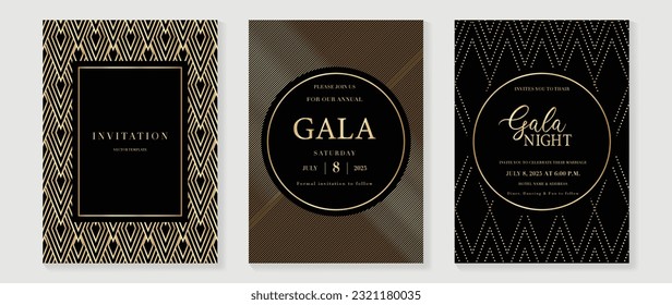 Luxury gala invitation card background vector. Golden elegant geometric pattern, gold wavy lines on dark background. Premium design illustration for wedding and vip cover template, grand opening.