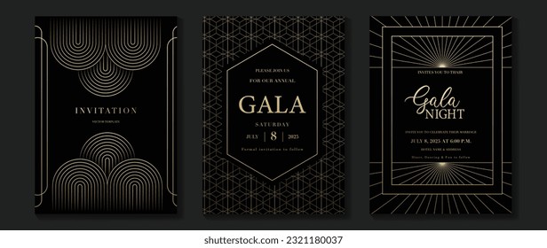 Luxury gala invitation card background vector. Golden elegant geometric pattern, gold line on dark background. Premium design illustration for wedding and vip cover template, grand opening.