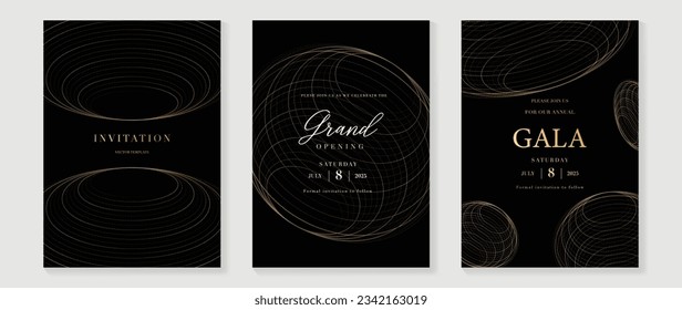 Luxury gala invitation card background vector. Golden elegant wireframe gold pattern on black background. Premium design illustration for wedding and vip cover template, grand opening.