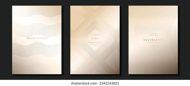 Vector de fondo de tarjeta de invitación de gala de lujo. Patrón dorado elegante y ondulado de la línea dorada sobre fondo claro. Ilustración de diseño premium para la plantilla de portada de bodas y vip, gran abertura.