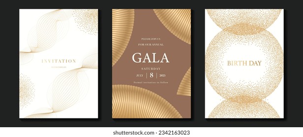 Luxury gala invitation card background vector. Golden elegant wavy gold line pattern on light background. Premium design illustration for wedding and vip cover template, grand opening.