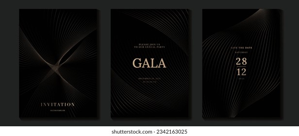 Vector de fondo de tarjeta de invitación de gala de lujo. Patrón dorado elegante y ondulado de la línea dorada sobre fondo negro. Ilustración de diseño premium para la plantilla de portada de bodas y vip, gran abertura.