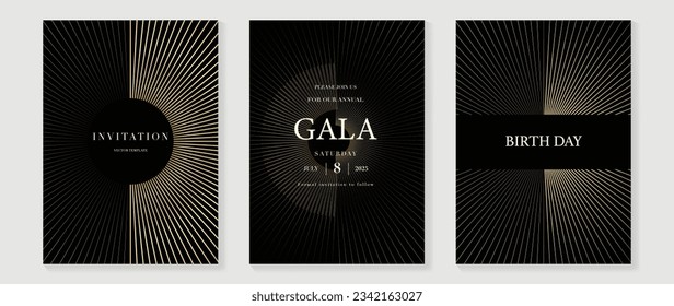 Vector de fondo de tarjeta de invitación de gala de lujo. Patrón dorado elegante y ondulado de la línea dorada sobre fondo negro. Ilustración de diseño premium para la plantilla de portada de bodas y vip, gran abertura.