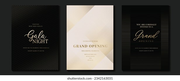 Luxury gala invitation card background vector. Golden elegant gradient gold line pattern on black and light background. Premium design illustration for wedding and vip cover template, grand opening.