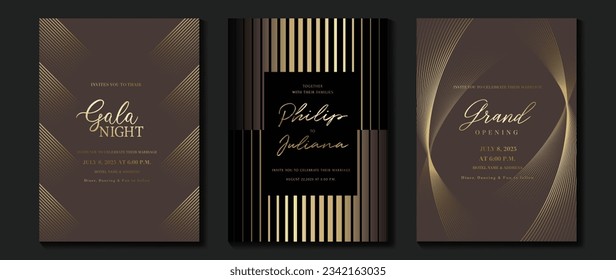 Luxury gala invitation card background vector. Golden elegant wavy gold line pattern on brown and black background. Premium design illustration for wedding and vip cover template, grand opening.