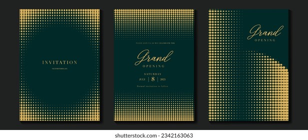 Luxury gala invitation card background vector. Golden elegant halftone gold pattern on dark green background. Premium design illustration for wedding and vip cover template, grand opening.