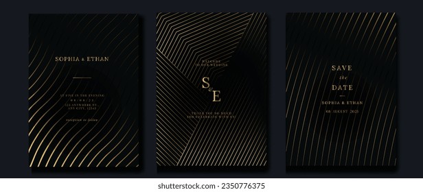 Vector de fondo de tarjeta de invitación de gala de lujo. Patrón dorado elegante y ondulado de la línea dorada sobre fondo negro. Ilustración de diseño premium para la plantilla de portada de bodas y vip, gran abertura.