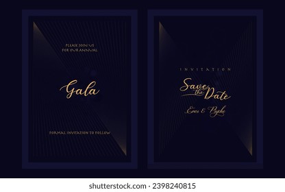 Luxury gala invitation card background vector. Golden elegant wavy gold line pattern on Dark background. Premium design illustration for wedding and vip cover template, grand opening.