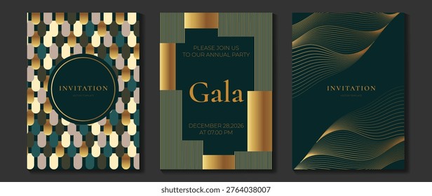Luxury gala invitation card background vector. Golden elegant wavy gold line pattern on black background. Premium design illustration for wedding and vip cover template, grand opening.