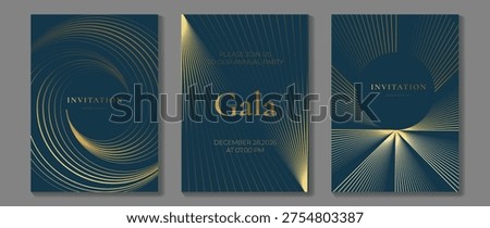 Luxury gala invitation card set vector. Elegant gold line art on dark teal background with geometric waves, minimal layout, and premium event design templates.