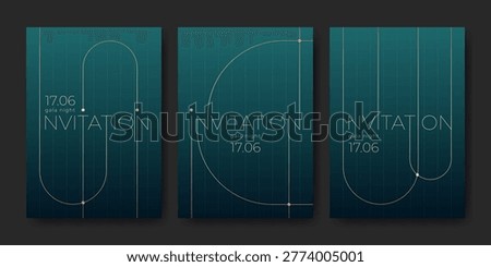 Luxury gala invitation templates set with golden lines and geometric patterns on emerald background. Vector realistic set of elegant banner design with modern premium pattern, VIP card layouts
