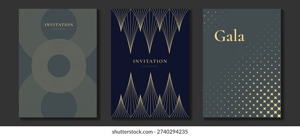 Luxury gala invitation vector card with navy blue and gold abstract geometric lines. Sophisticated elegant design for wedding event announcement and stationery.