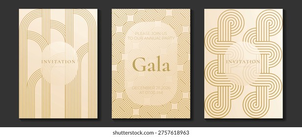 Luxury gala invitation vector template set with gold line art arches, cream background, and elegant art deco geometric patterns. Premium celebration design collection for wedding, anniversary.