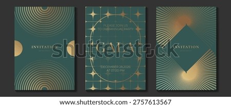Luxury gala invitation vector template set with gold geometric line art, teal background, and elegant art deco compositions. Premium celebration design collection for wedding, annual party, event.