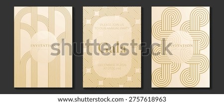 Luxury gala invitation vector template set with gold line art arches, cream background, and elegant art deco geometric patterns. Premium celebration design collection for wedding, anniversary.