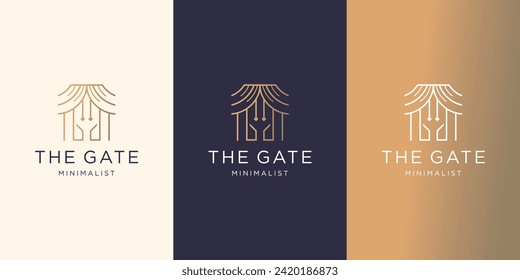 Luxury gate logo. Upmarket property lifestyle security estate line icon. Classic wrought iron entrance sign. Vector illustration.
