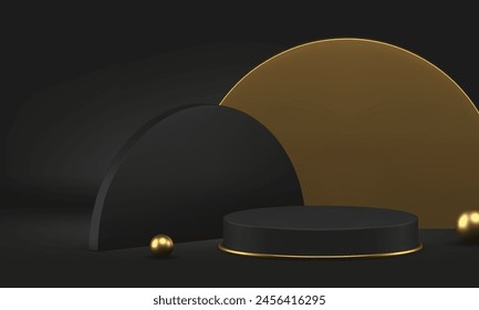 Luxury geometric 3d podium pedestal mock up for product show presentation realistic vector illustration. Premium black golden advertising showroom empty showcase interior shopping sale stand