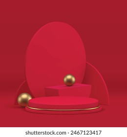 Luxury geometric 3d showcase red podium for product show presentation realistic vector illustration. Premium trendy fashion display cylinder pedestal with circle wall background and golden sphere