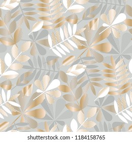 Luxury geometric assorted fall leaves seamless pattern. Pastel textured autumn repeatable motif for wrapping paper, fabric, background, backdrop.