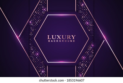 Luxury Geometric Background Design With Purple And Gold Element Decoration. Elegant Paper Art Shape Vector Layout Premium Template For Use Cover Magazine, Poster, Flyer, Invitation, Product Packaging, Web Banner