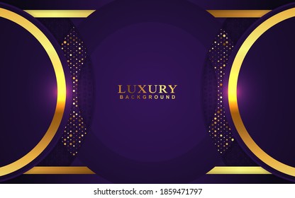 Luxury geometric background design purple gold element decoration. Elegant paper art shape vector layout premium template for use cover magazine, poster, flyer, invitation, product packaging, web