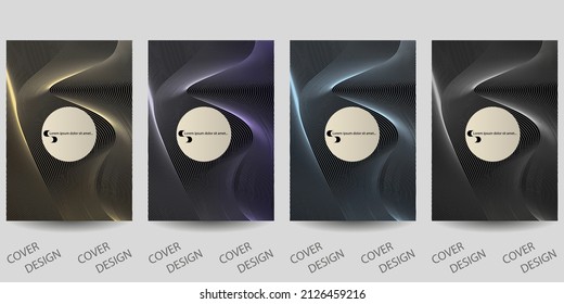 Luxury geometric backgrounds set. Gold, silver, blue, purple geometric pattern with wavy texture of thin lines on  black background. For printing on covers, banners, sales, flyers. modern design. 