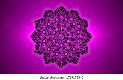 Fondo de Mandala morada de gradiente de círculo geométrico de lujo. Diseño para cualquier tarjeta, cumpleaños, otras vacaciones, caleidoscopio, yoga, india, folk, árabe. Patrón indio.