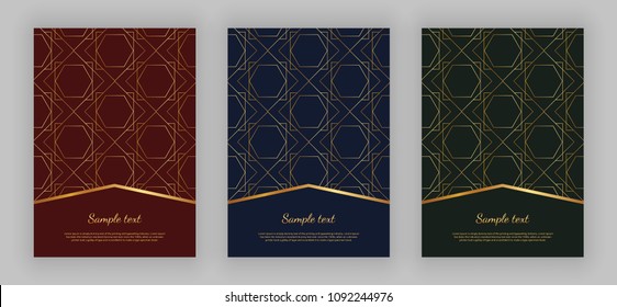 Luxury geometric design. Golden lines on the red, blue, green background. Modern templates for product package, menu, banner, card, flyer, invitation, brochure, print advertising, cover, business