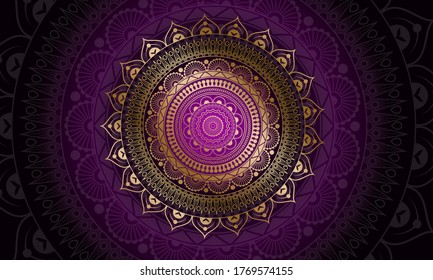 Luxury geometric gold gradient dark purple mandala background. Design for any card, birthday, other holiday, kaleidoscope, yoga, india, folk, arabic. Indian pattern wallpaper.