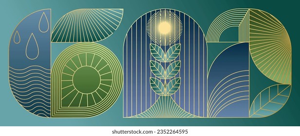 Arte geométrico de lujo de línea dorada y vector art deco fondo. Resumen de marco geométrico y elegantes rayos góticos, hojas. Ilustración de diseño para invitación, banner, vip, interior, decoración.