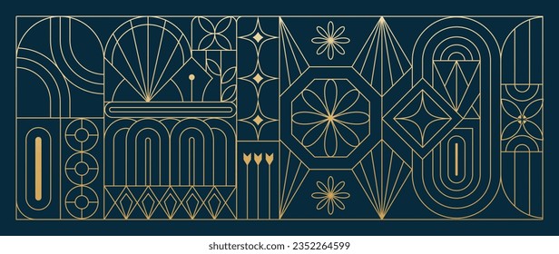 Luxury geometric gold line art and art deco background vector. Abstract geometric frame and elegant art nouveau with delicate. Illustration design for invitation, banner, vip, interior, decoration.