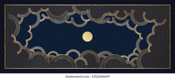 Arte geométrico de lujo de línea dorada y vector art deco fondo. Marco geométrico abstracto y elegante luna gótica, nube. Ilustración de diseño para invitación, banner, vip, interior, decoración.