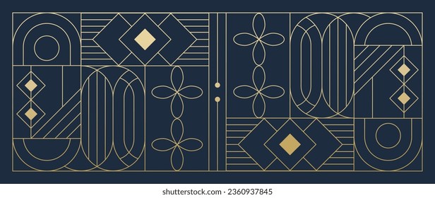 Arte geométrico de lujo de línea dorada y vector art deco fondo. Marco geométrico abstracto y nouveau artístico elegante con delicadeza. Ilustración de diseño para invitación, banner, vip, interior, decoración.