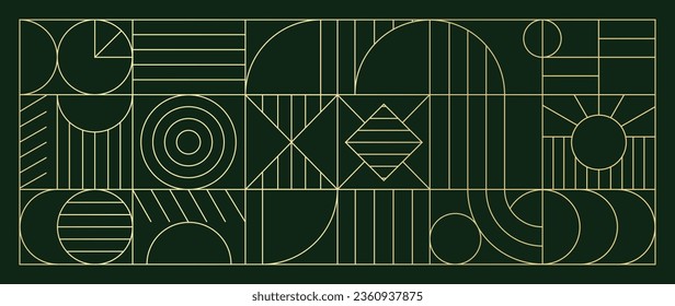 Arte geométrico de lujo de línea dorada y vector art deco fondo. Marco geométrico abstracto y nouveau artístico elegante con delicadeza. Ilustración de diseño para invitación, banner, vip, interior, decoración.