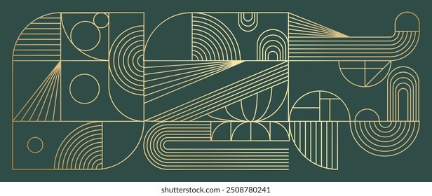 Vector geométrico de lujo de la línea del oro del arte y del fondo del art déco. Abstractas marco geométrico y elegante art nouveau con delicado. Diseño de ilustración para invitación, Anuncio, vip, interior, decoración.