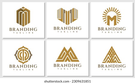 Luxury geometric line letter M logo design set. Elegance business initial M logo.