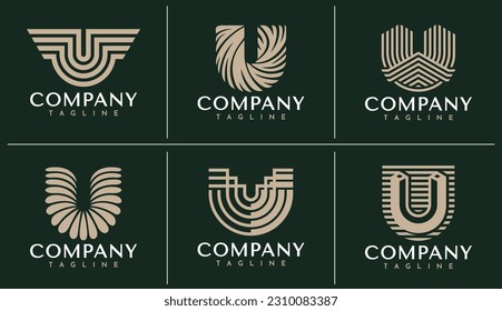 Luxury geometric line letter U logo design set. Elegant business initial U logo.